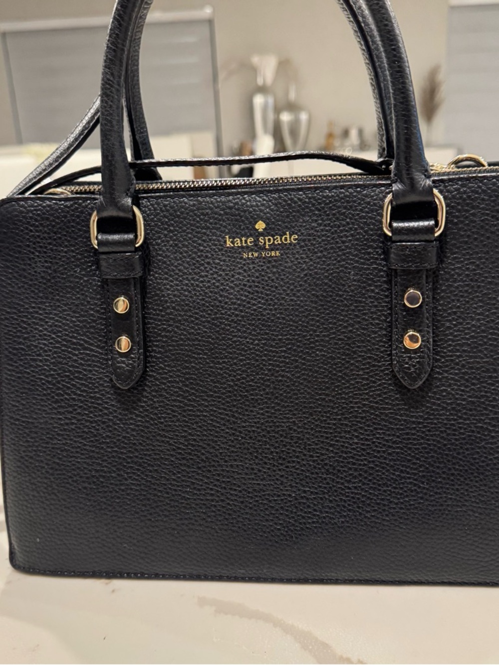 kate spade Black Pebbled Leather Tote Satchel with Gold Accents